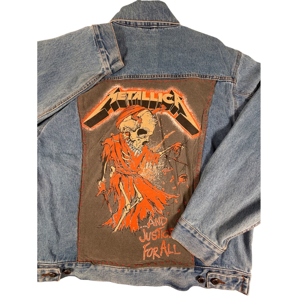 Wrangler Hero Mens Blue Denim Jacket Metallica Justice For All Embroidered Large